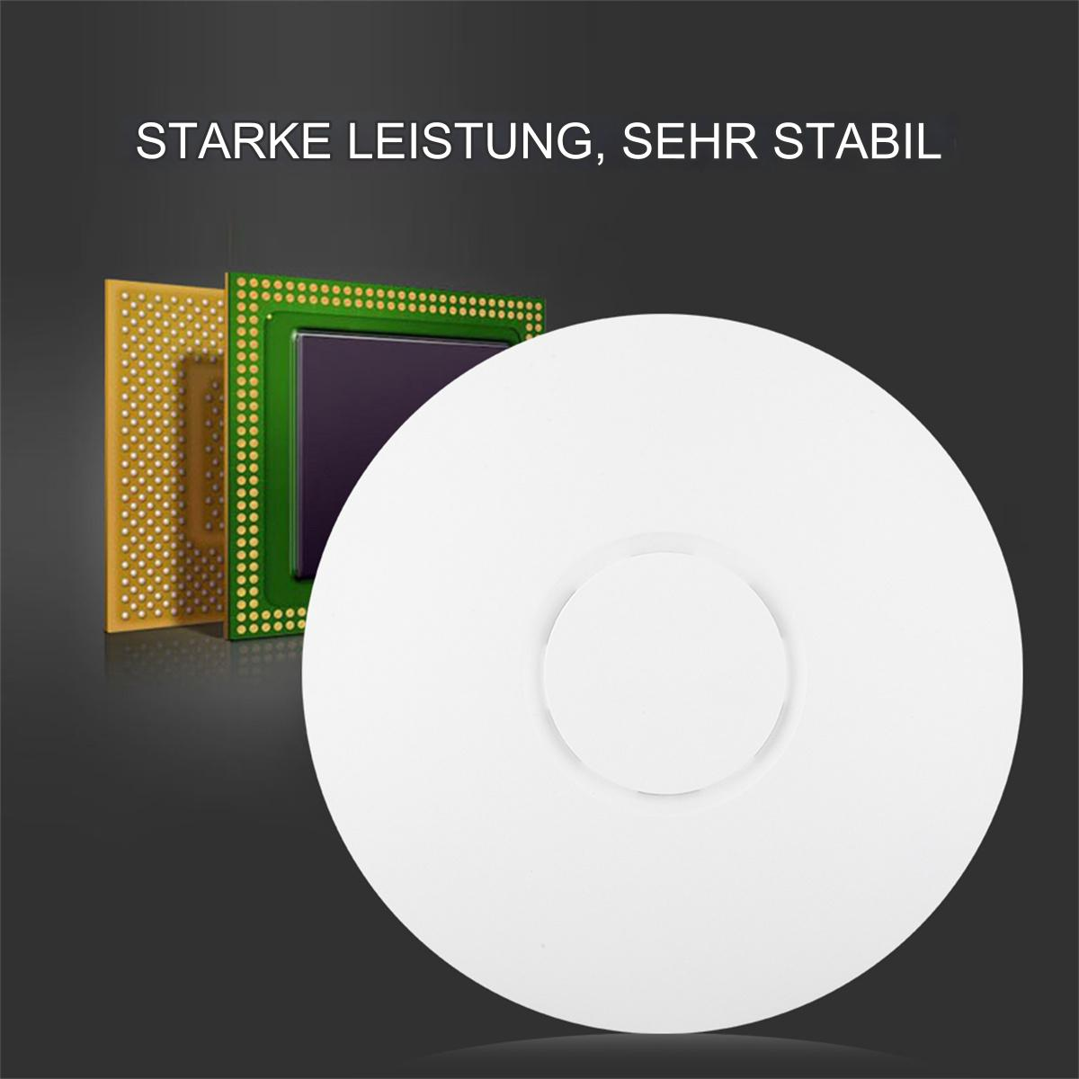 Weißes Gerät mit kreisförmiger Form, mit einem Teil eines Computerchips im Hintergrund. Es sieht aus wie ein Router.