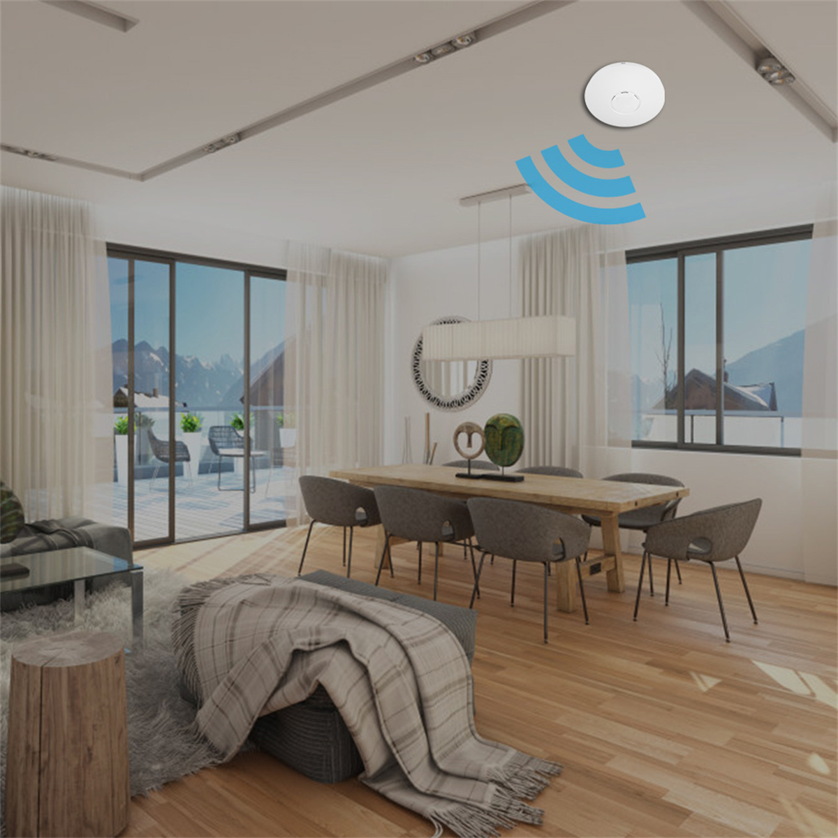 Modernes Wohnzimmer mit großen Fenstern und Aussicht. Runde Deckenleuchte und ein WLAN-Sensor.