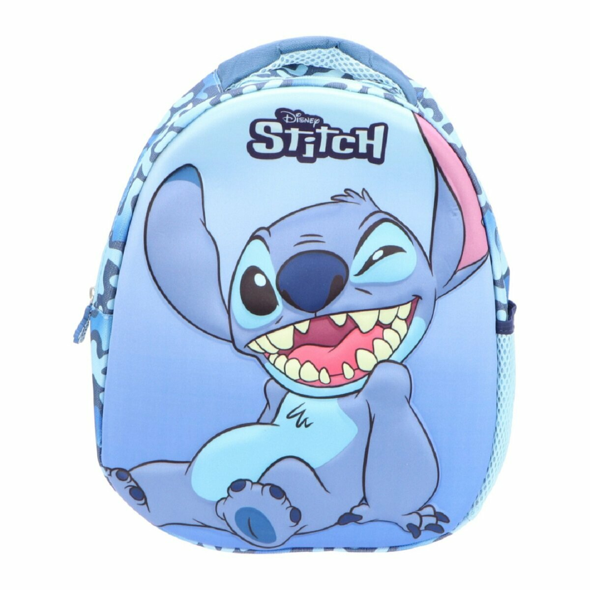 Disney Stitch Rucksack, blau mit Cartoon-Bild. Stitch zwinkert und lächelt.
