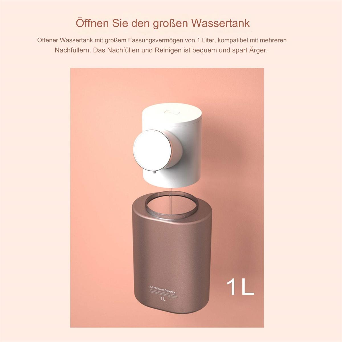 Ein weißer und brauner Wasserspender mit 1L-Kapazitätsanzeige vor rosa Hintergrund.