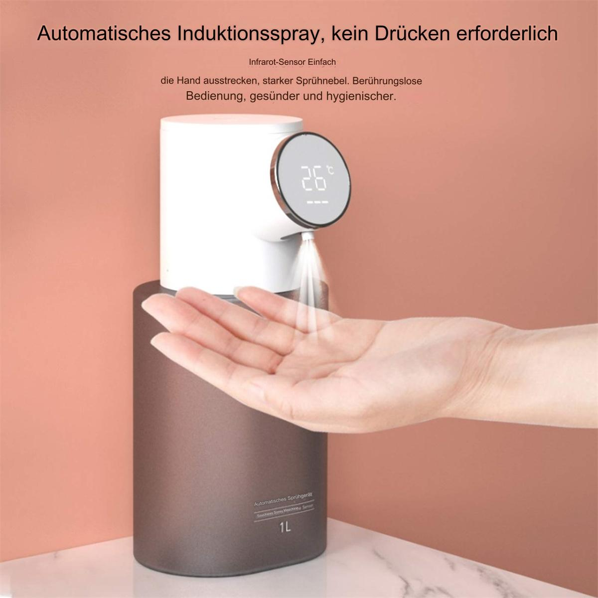 Ein weißer, automatischer Händedesinfektionsmittelspender, mit einer Hand, die danach greift.