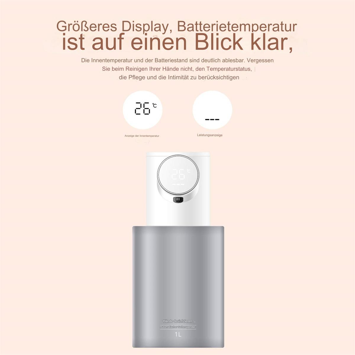 Weißes Gerät mit Display, das eine Temperatur anzeigt. Text auf Deutsch oben.