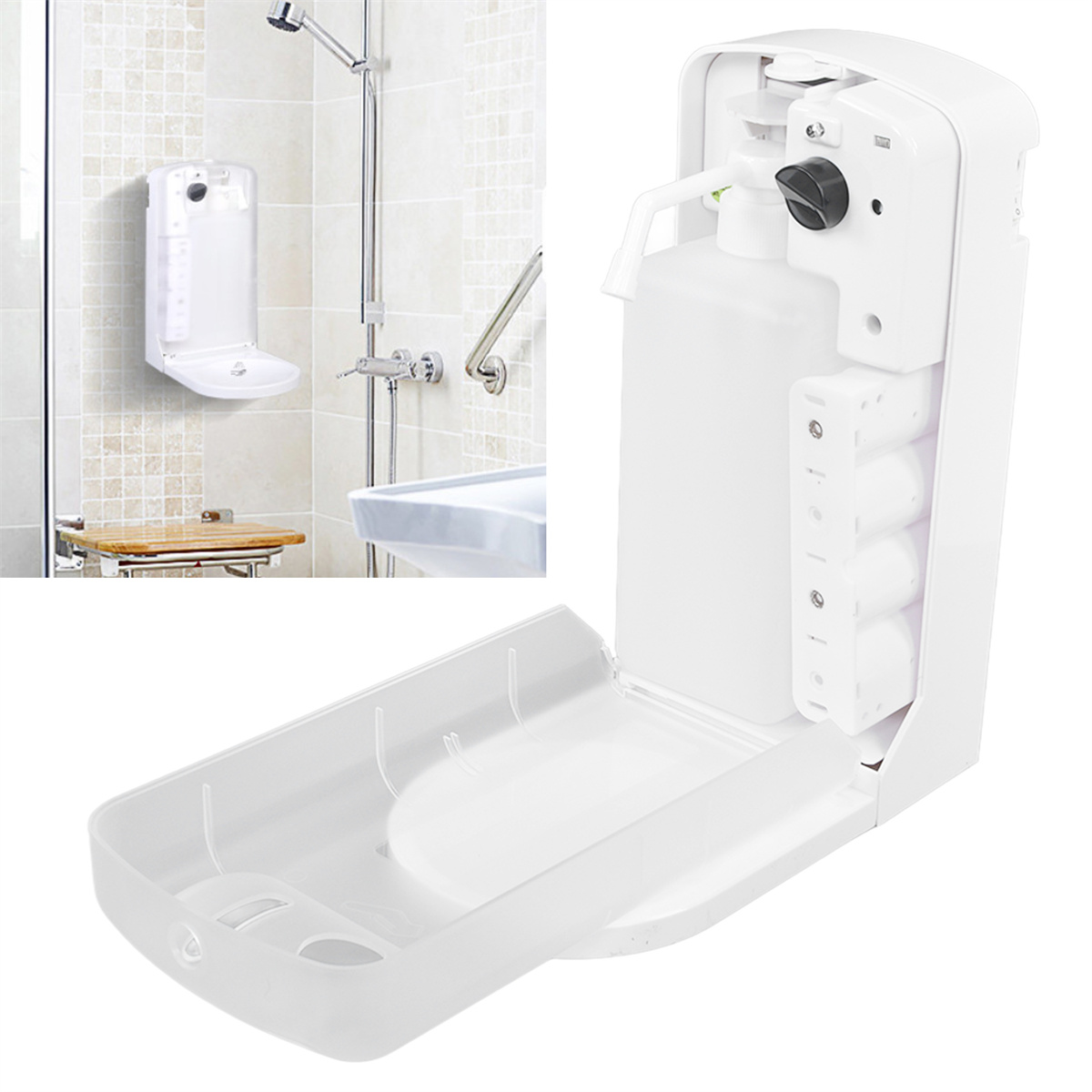 Weißer, an der Wand montierter Seifenspender, offen, in einem Badezimmer mit Dusche und Armaturen.