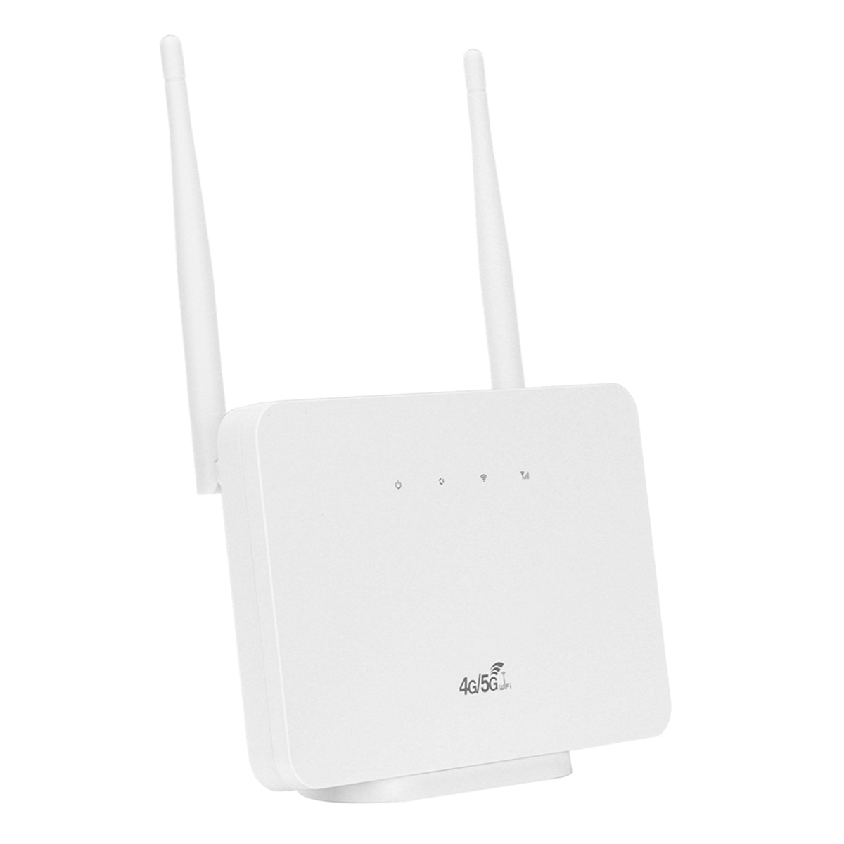 Weißer Router mit zwei Antennen. Er befindet sich auf weißem Hintergrund. Text ist auf dem Produkt sichtbar.