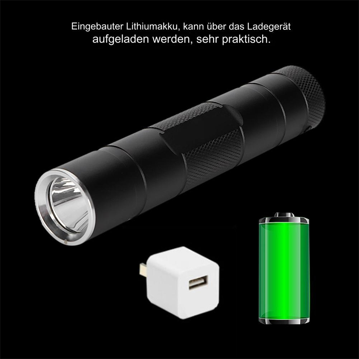 Eine schwarze Taschenlampe mit Ladeanschluss, Ladeadapter und einem Batteriesymbol.