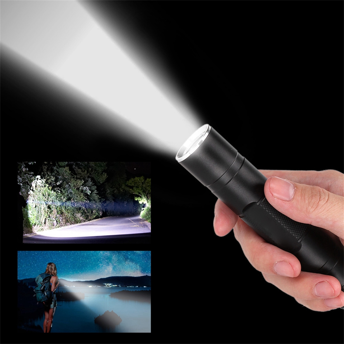 Eine Hand hält eine schwarze Taschenlampe mit fokussiertem Strahl. Szenen von Wald, Straße und Wasser sind vorhanden.