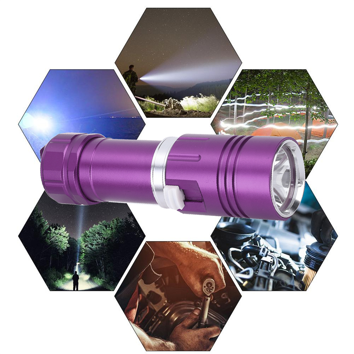 Violette Taschenlampe mit sechseckigen Bildern darum.