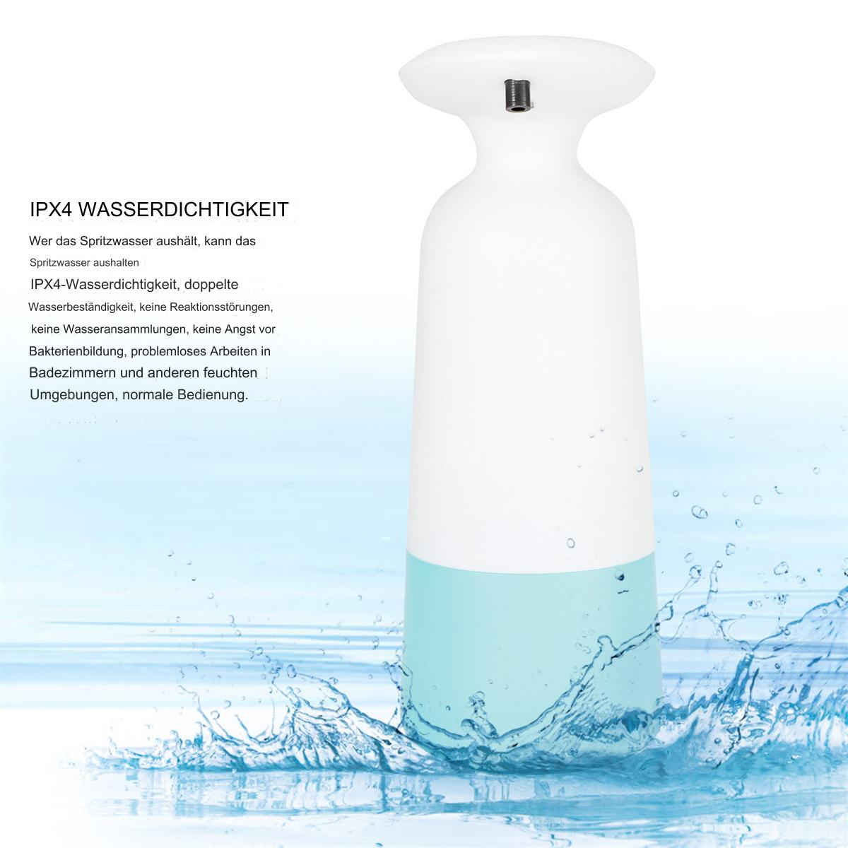 Weißer und blauer Seifenspender mit Wasserspritzern. Text: IPX4 Wasserdichtigkeit.