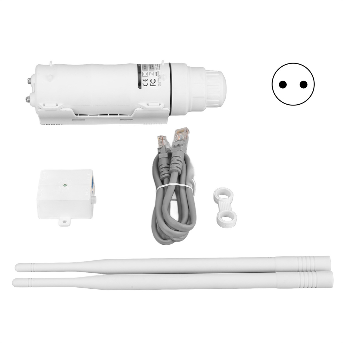 Weiße Netzwerkausrüstung, einschließlich Antenne, Kabel und Netzstecker.