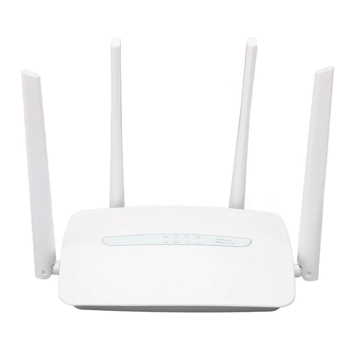 Weißer Router mit vier Antennen. Der Router hat Kontrollleuchten und ein Logo.