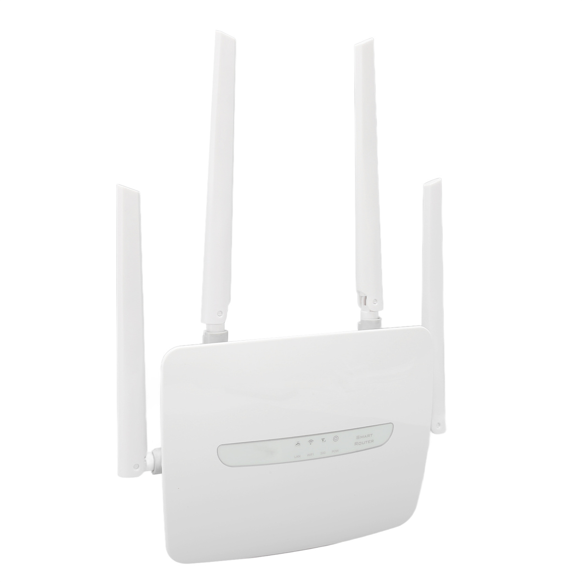 Weißer Router mit vier Antennen. Weißer Hintergrund. Smart Router Text. Leuchtanzeigen.