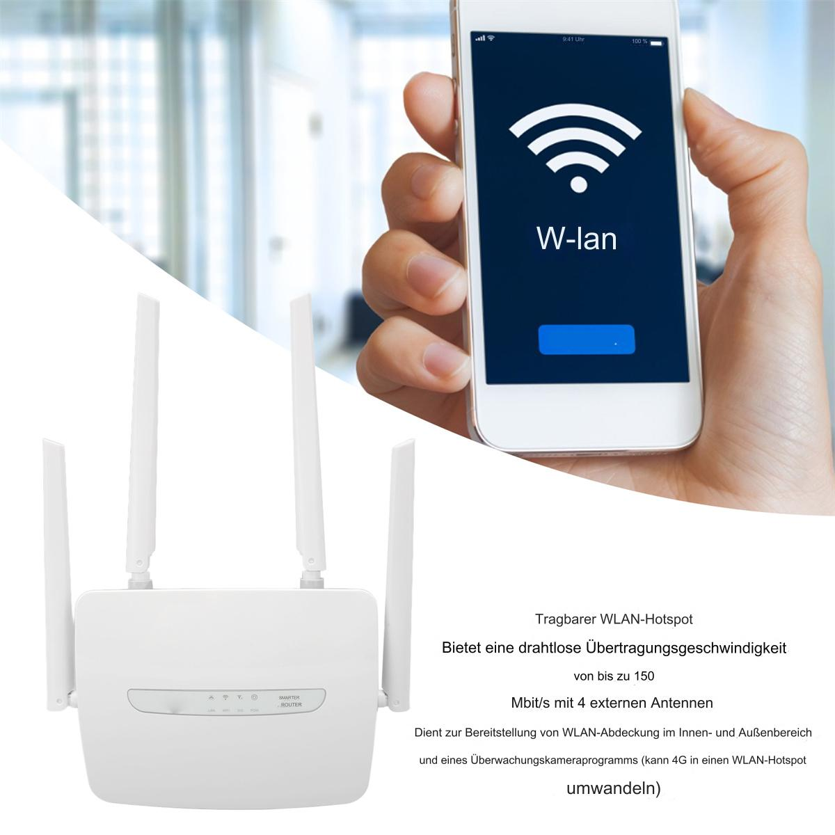Weißer WLAN-Router mit vier Antennen und ein Handy mit WLAN-Symbol.