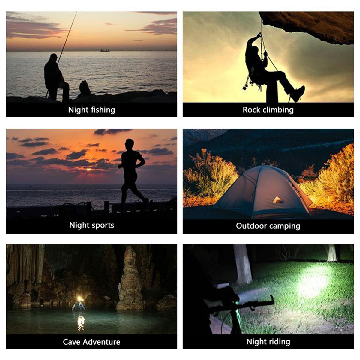 Collage mit Aktivitäten: Nachtfischen, Klettern, Laufen, Camping, Höhlenabenteuer und Reiten.