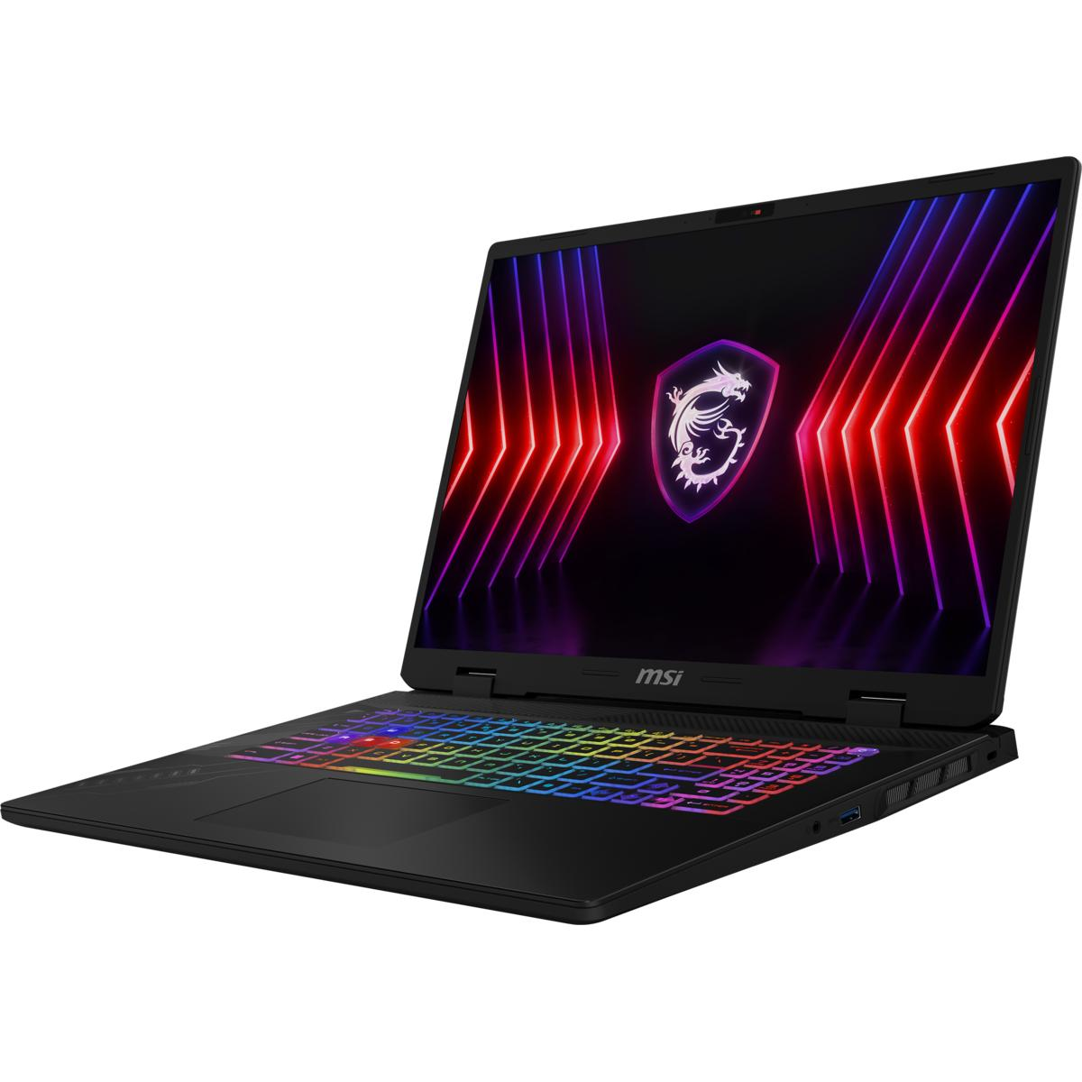 Schwarzer Laptop mit bunter Tastatur und Logo auf dem Bildschirm. Der Laptop ist geöffnet.