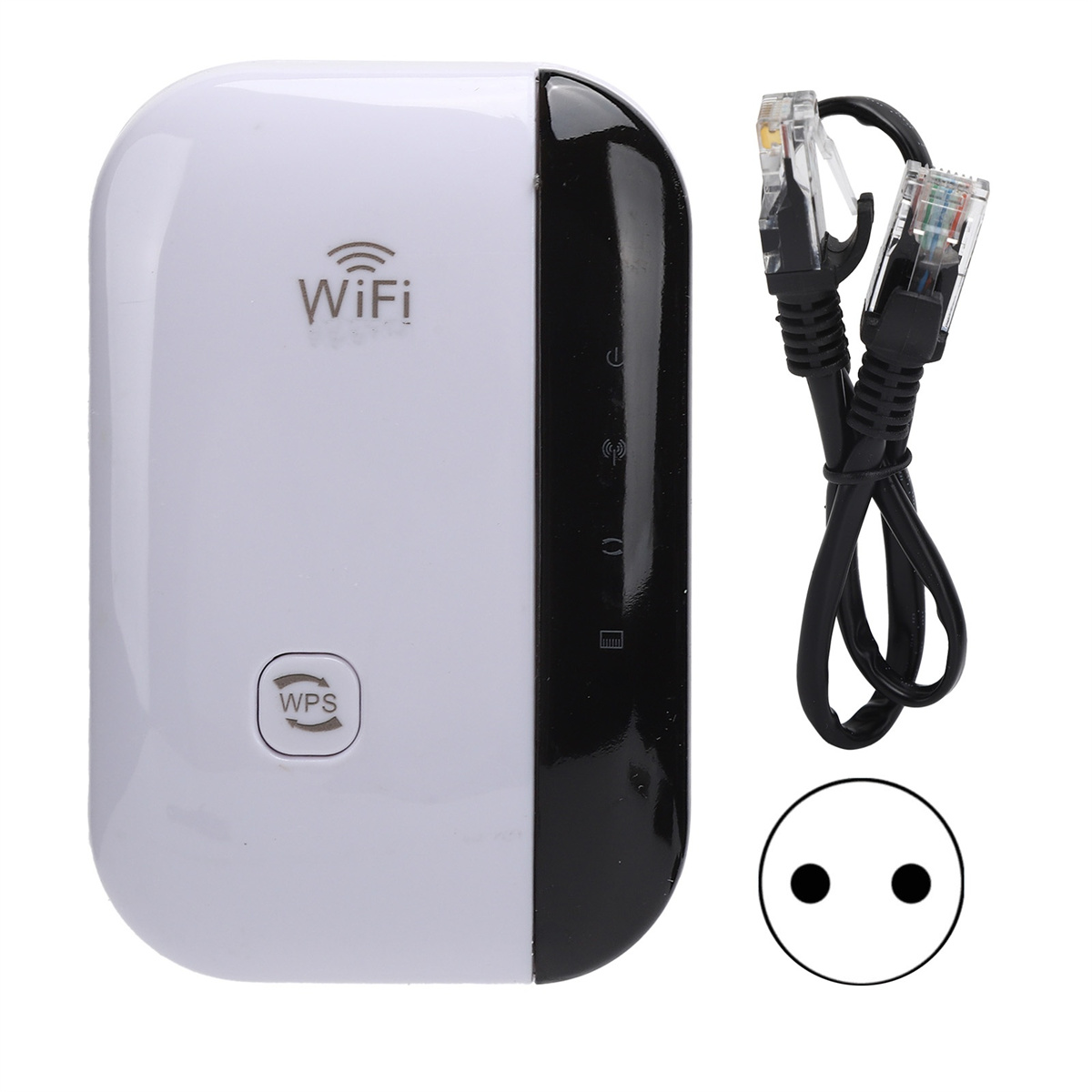 Ein weiß-schwarzer WLAN-Repeater mit zwei Ethernet-Kabeln und einer Steckdose.