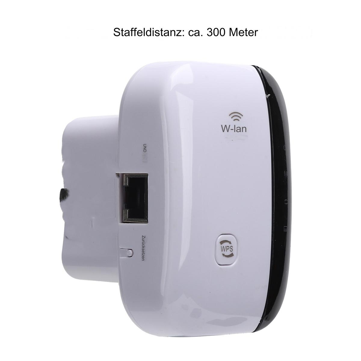 Weißer WLAN-Repeater mit WPS-Taste und LAN-Anschluss, Text 'W-lan' und 'WPS'.