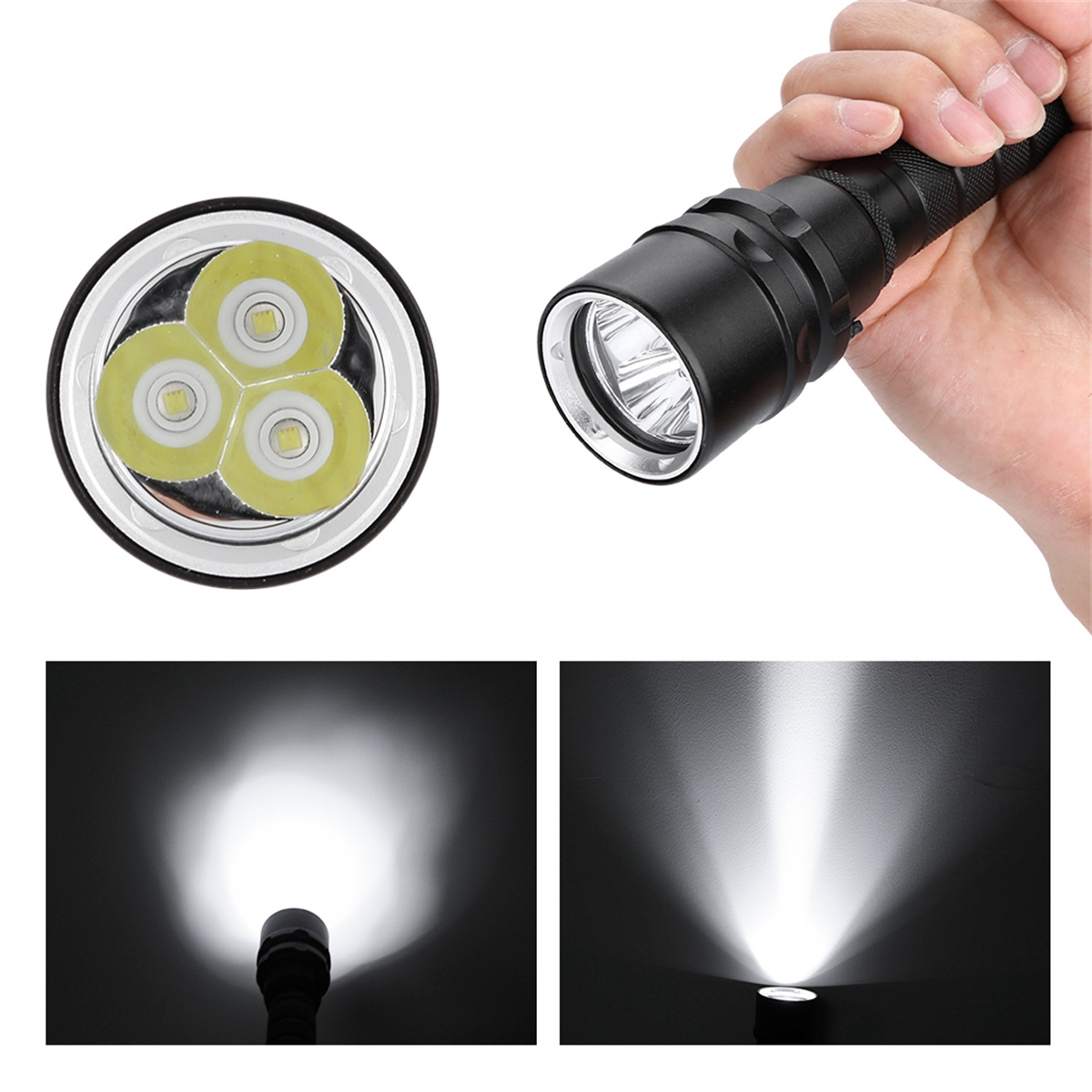 Nahaufnahmen der Lichtleistung einer schwarzen Taschenlampe: drei LEDs an und zwei Lichtstrahlen.