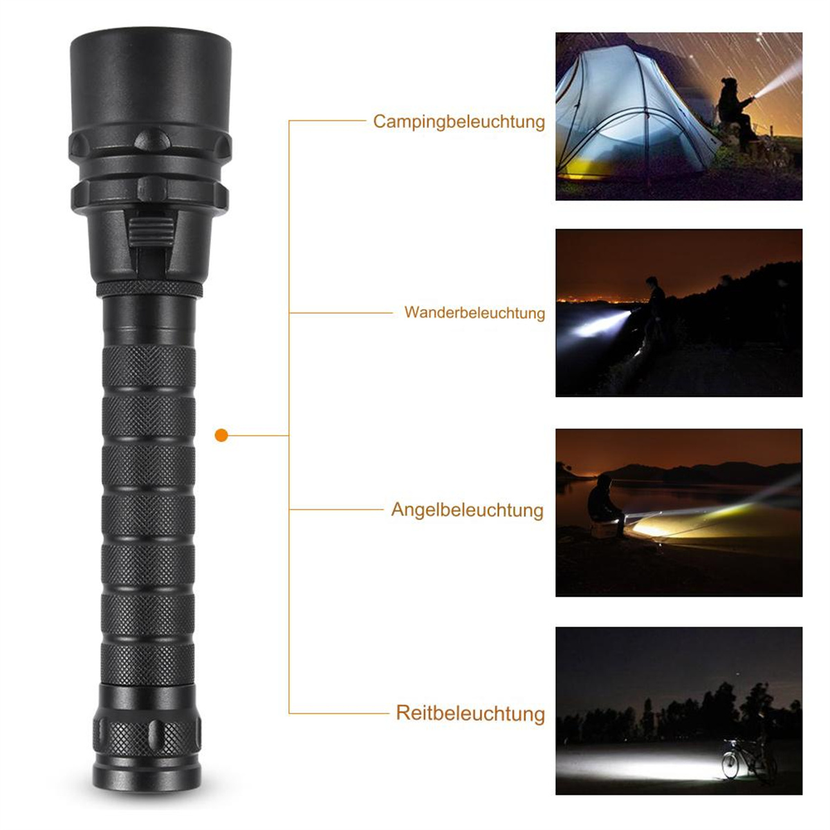 Schwarze Taschenlampe mit Diagrammen, die Anwendungen zeigen: Camping, Wandern, Angeln und Reiten. Schwarzer Hintergrund.