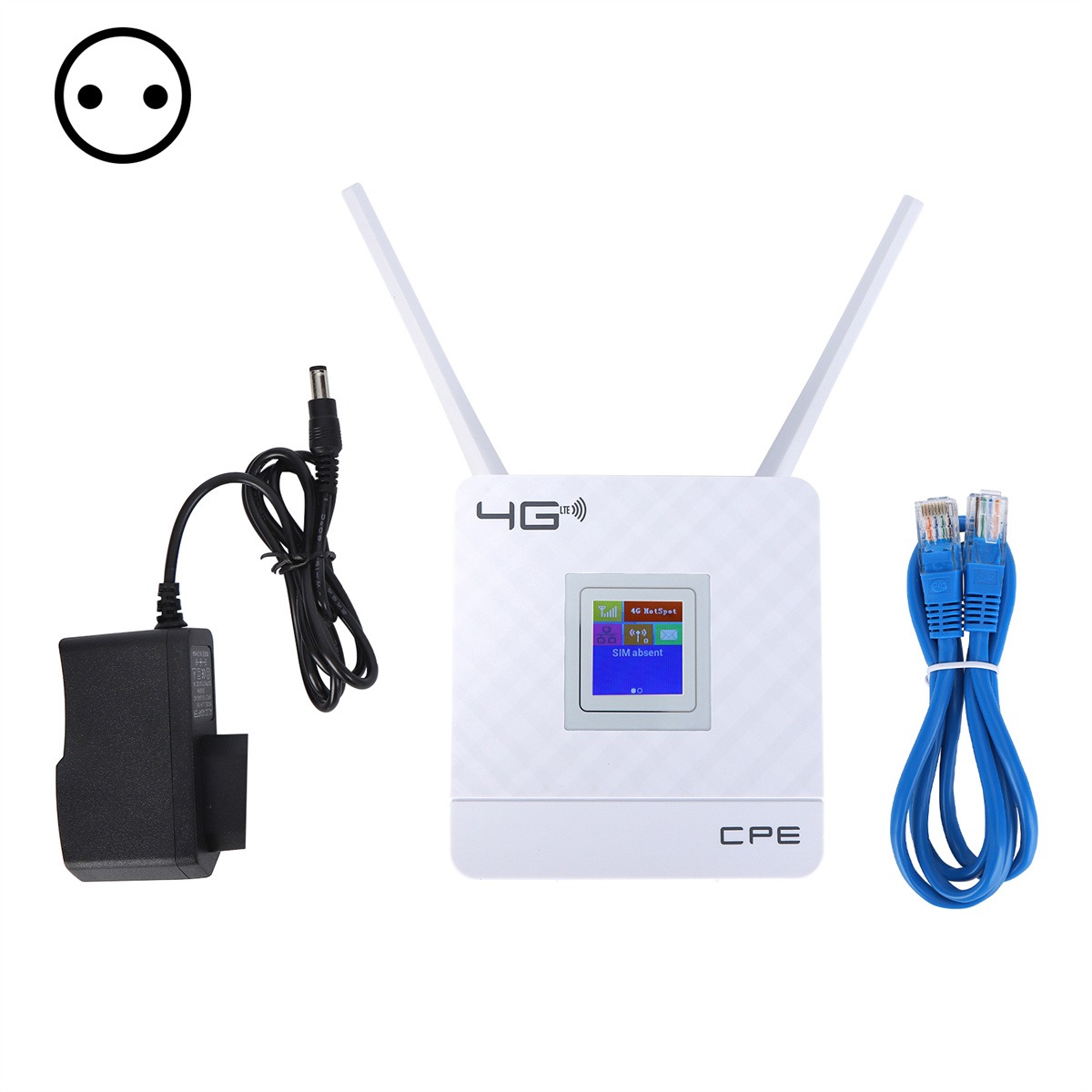 Weißer 4G-Router mit Antennen, Netzteil und blauen Netzwerkkabeln. Der Router hat einen kleinen Bildschirm.