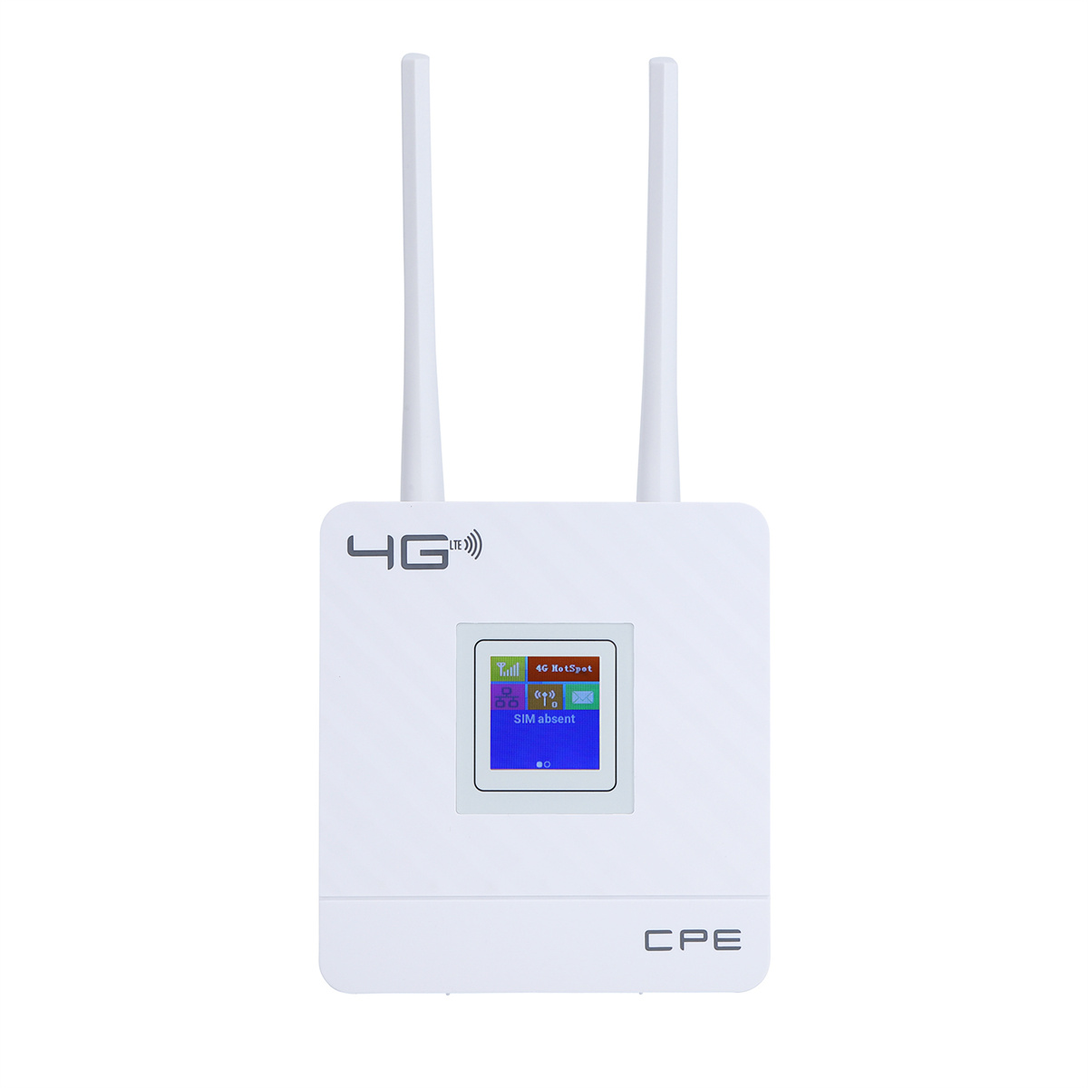 Ein weißes CPE-Gerät mit zwei Antennen und einem Bildschirm, der Informationen anzeigt. Es liest 4G.