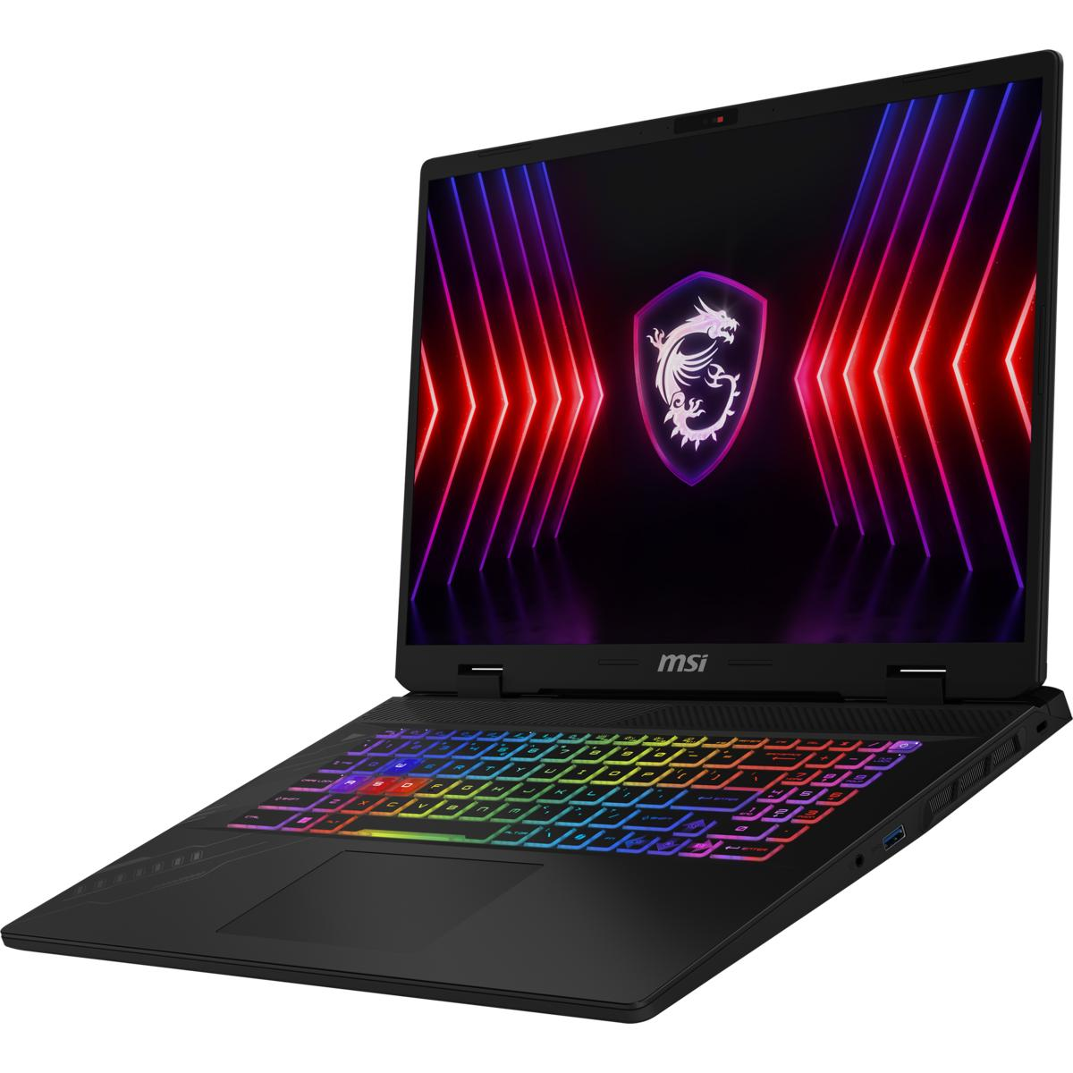Schwarzer Laptop mit bunter Tastatur, Bildschirm zeigt Drachenlogo, rote und lila Linien.
