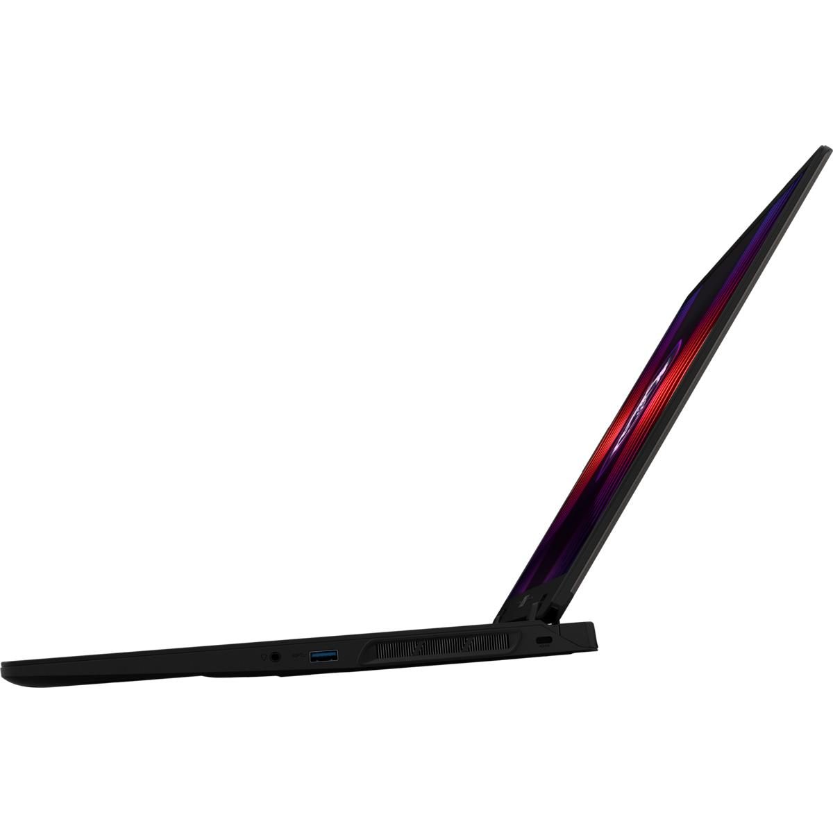 Ein schwarzer Laptop ist angewinkelt geöffnet. Der Bildschirm ist mit einer roten und lila Grafik eingeschaltet.
