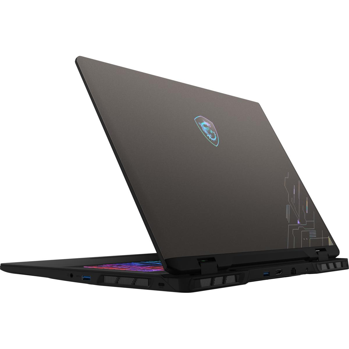 Rückansicht des Laptops, dunkelgrau, mit Drachenlogo und Design an der Seite.