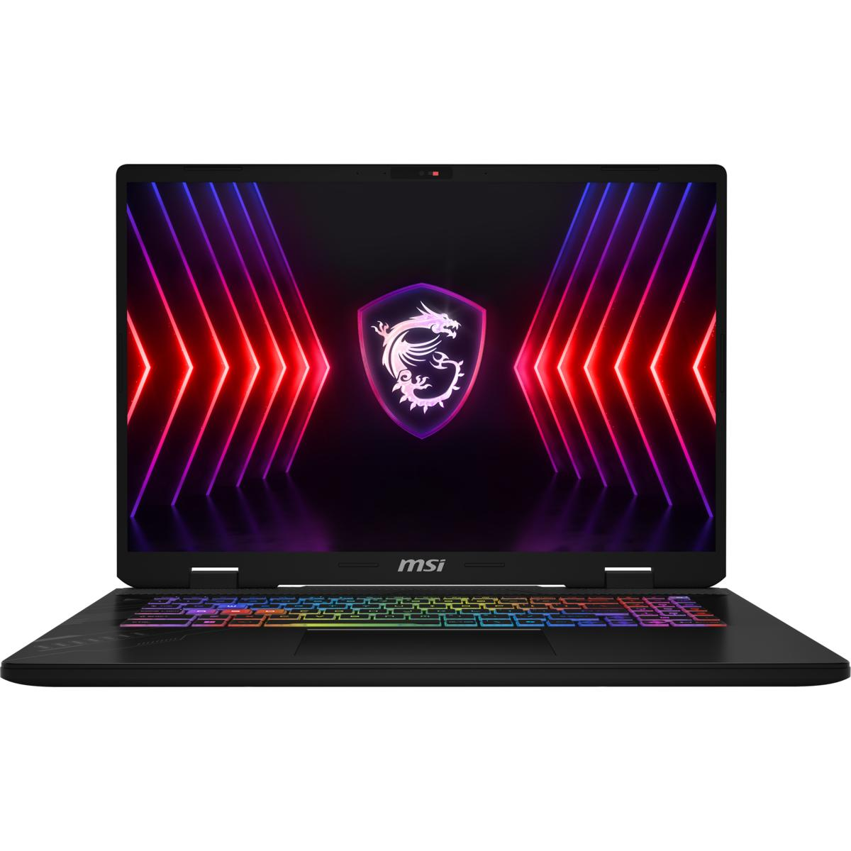 Schwarzer Laptop mit bunter Tastatur, zeigt ein Drachenlogo.