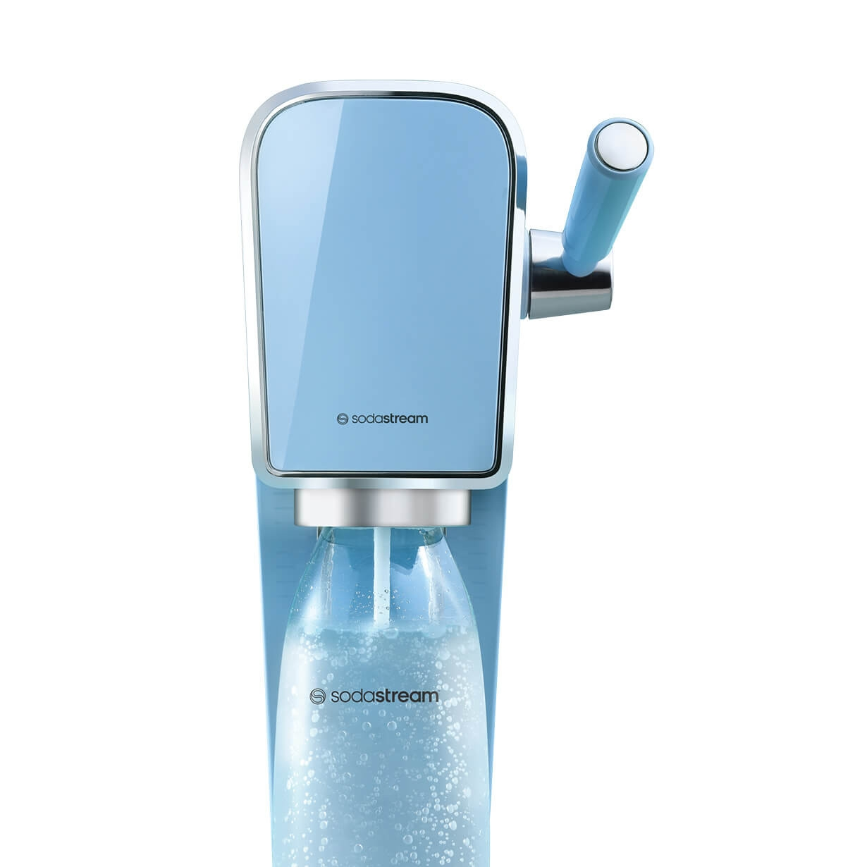 Jasnoniebieska maszyna SodaStream z przezroczystą butelką wypełnioną bąbelkami.