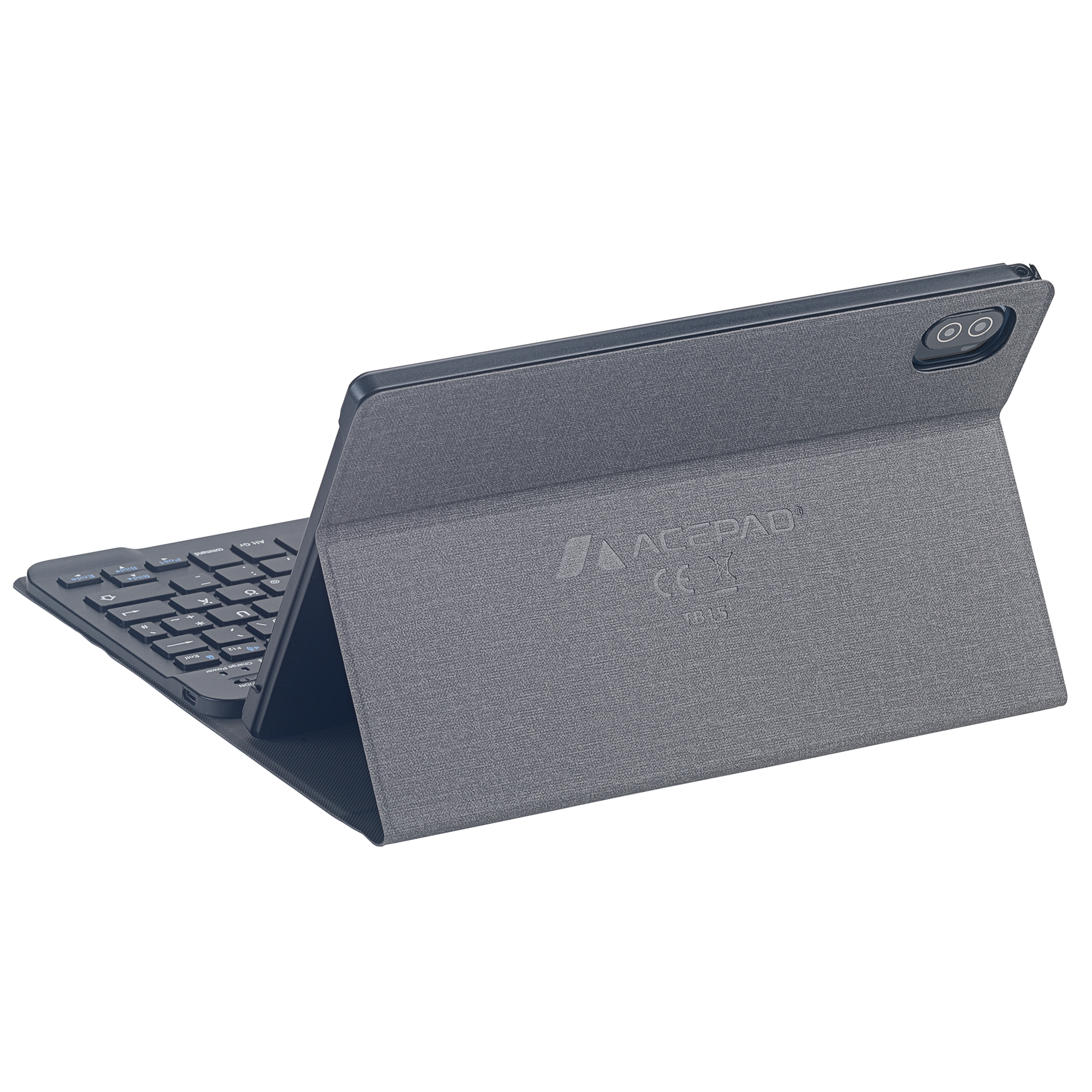 Una tableta gris con funda de teclado, parcialmente abierta y en ángulo.