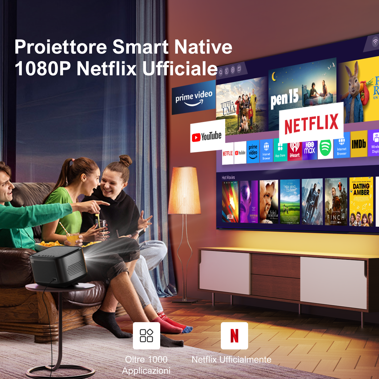 Persone che guardano un'immagine proiettata di un servizio di streaming su un muro, con un proiettore e icone.