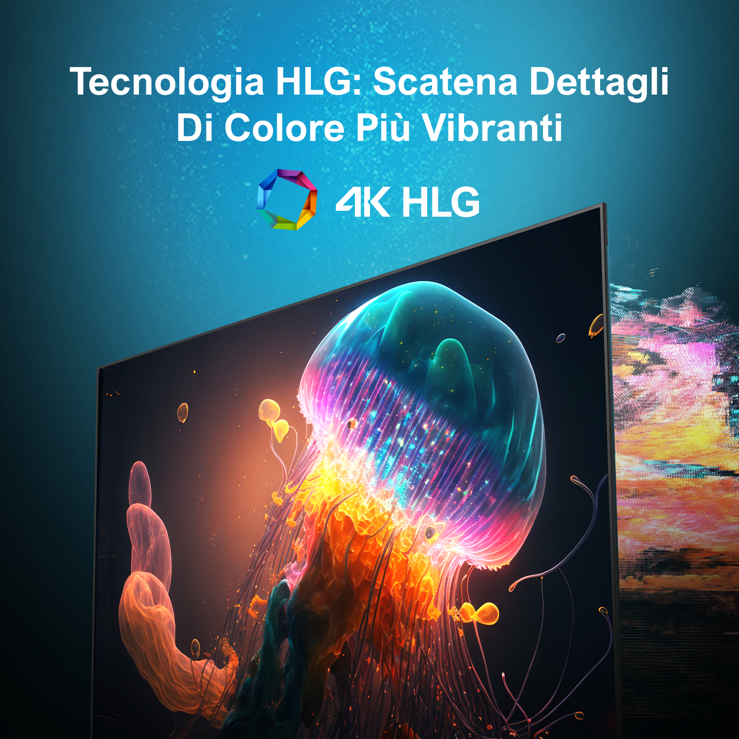 Un televisore mostra un'immagine colorata a forma di medusa. Il testo sopra recita 'Tecnologia HLG: Scatena Dettagli Di Colore Più Vibranti'.