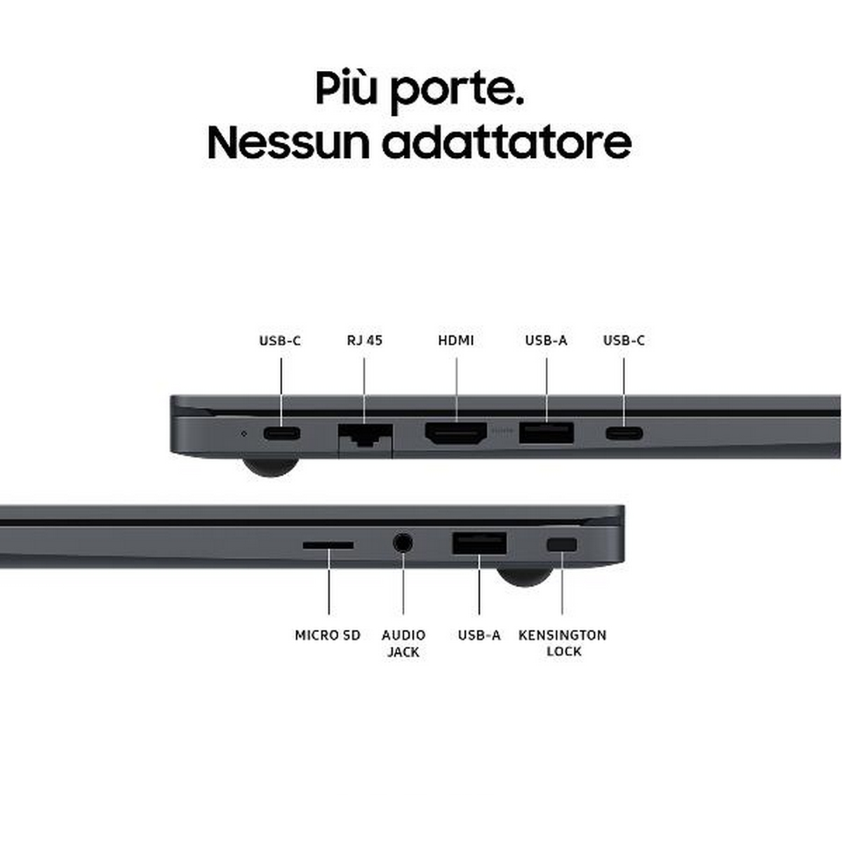 Gros plan sur les ports d'ordinateur portable : USB-C, RJ45, HDMI, USB-A et Micro SD.