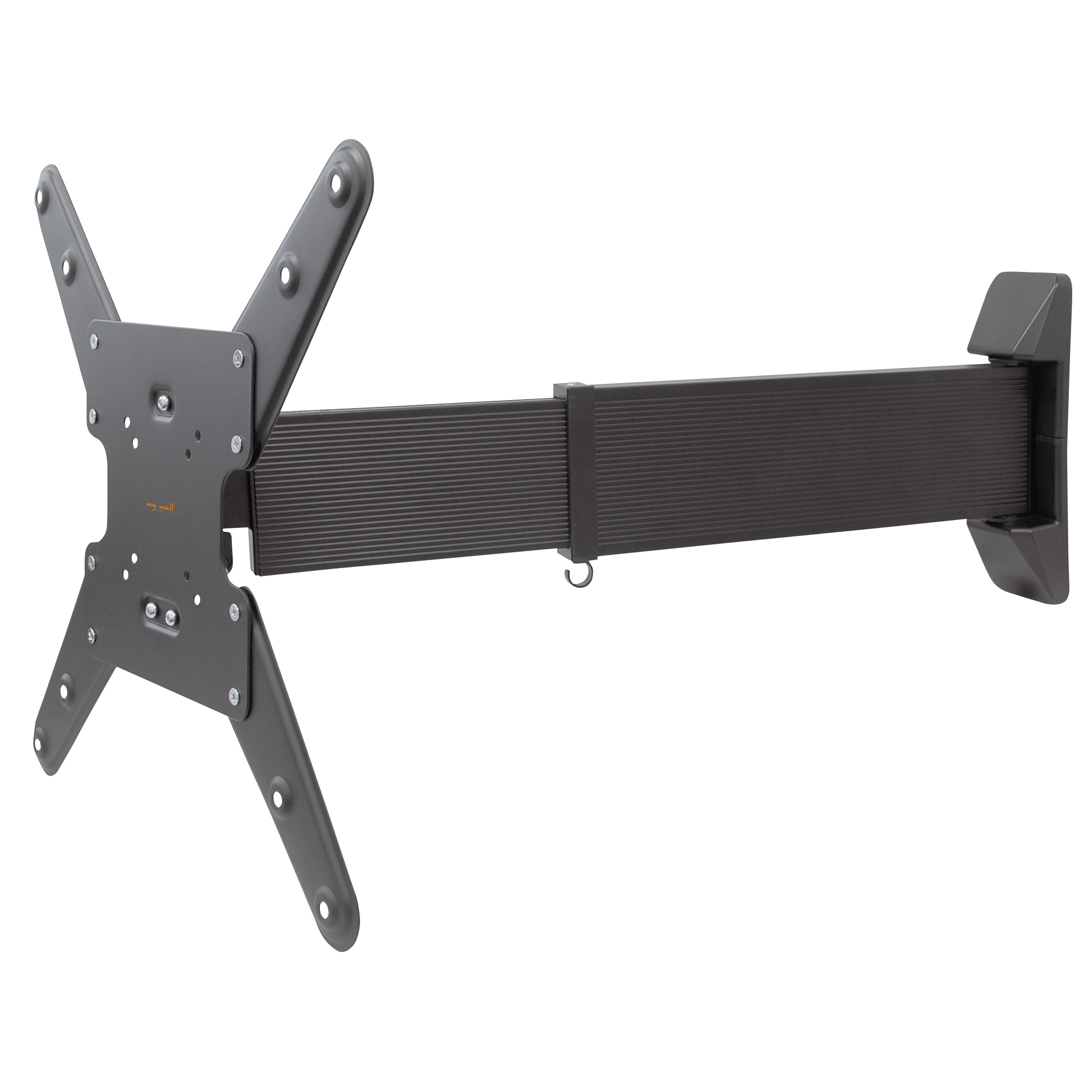 Eine Wandhalterung für einen Fernseher, dunkelgrau, mit langem Arm.