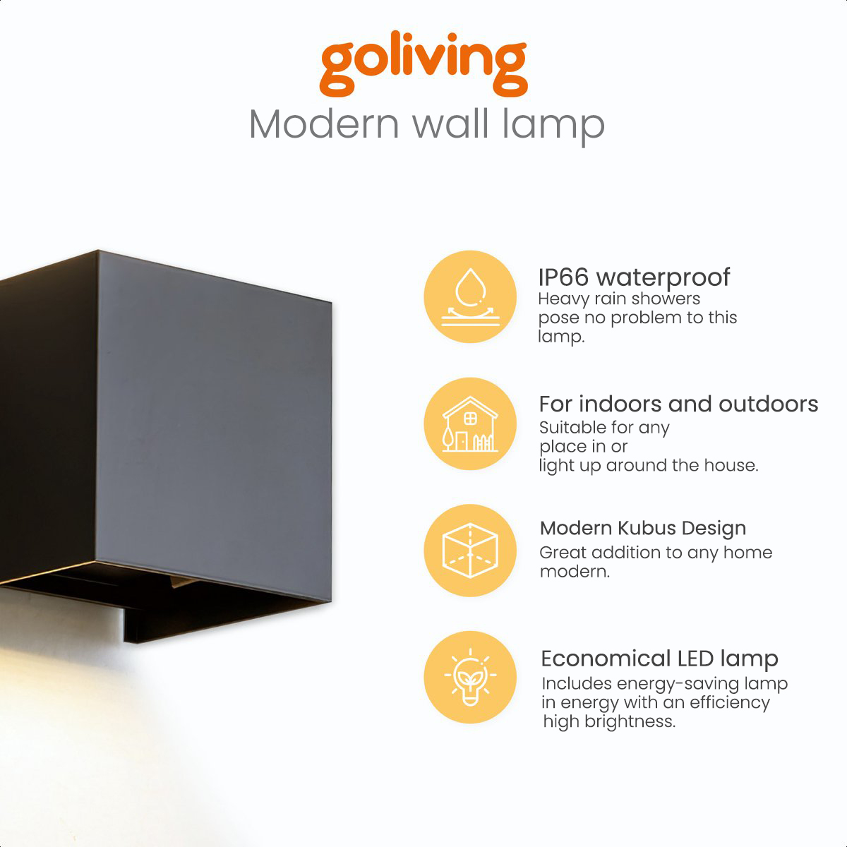 Black modern wall lamp with descriptions: waterproof, indoor/outdoor, modern Kubus design, LED.