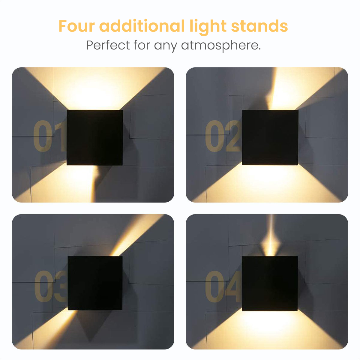 Four square lights, each with a black square and yellow light. White background.