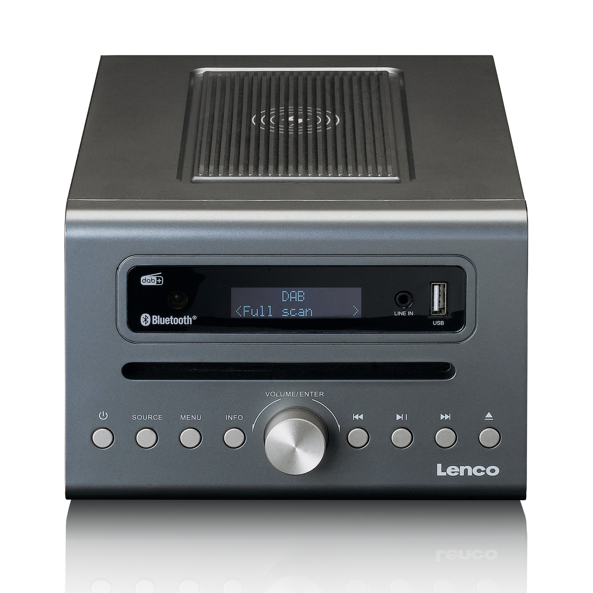 Radio Lenco grigia con display, pulsanti e porta USB, su sfondo bianco.