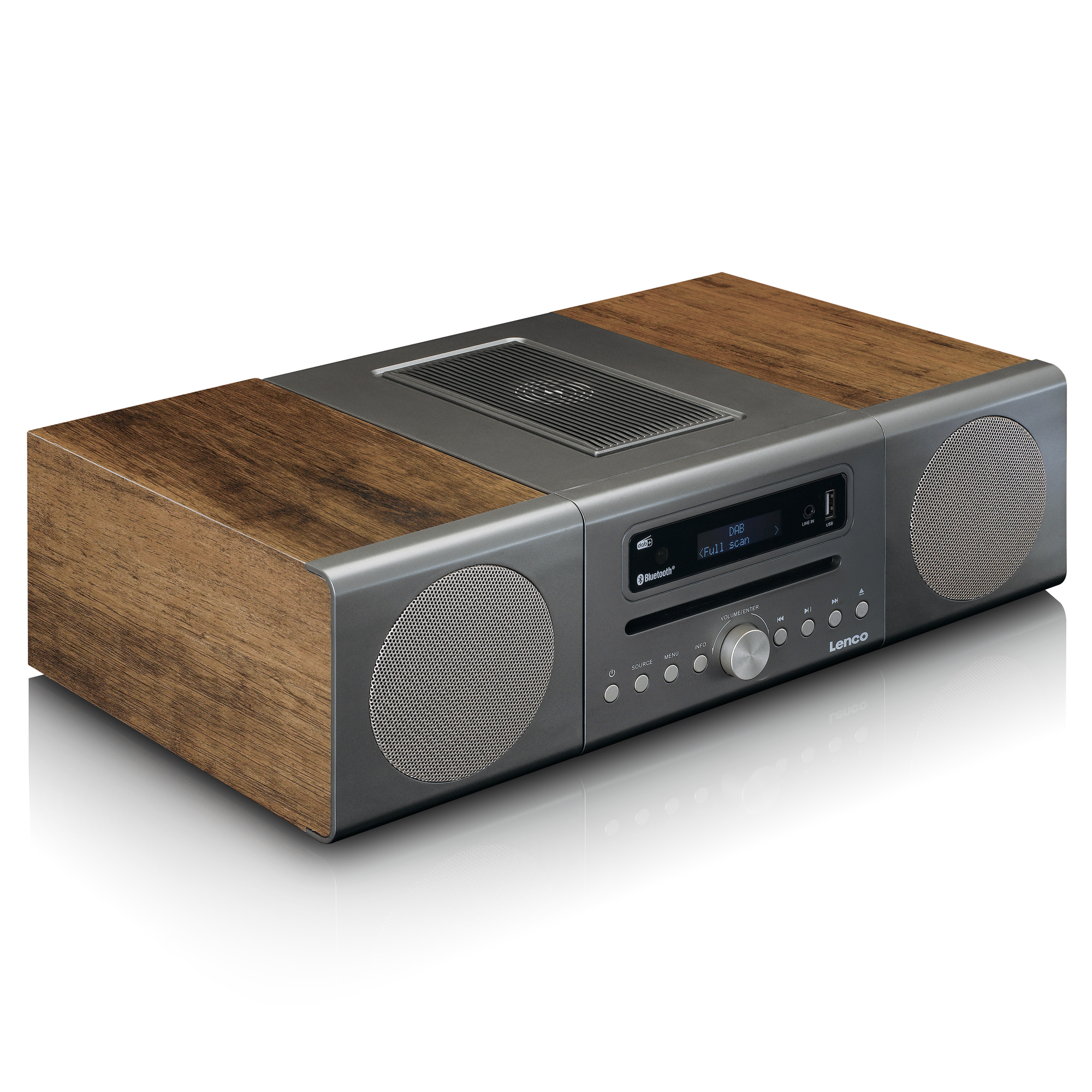 Un impianto stereo con fianchi in legno, pannello frontale grigio e due altoparlanti. È su una superficie bianca.