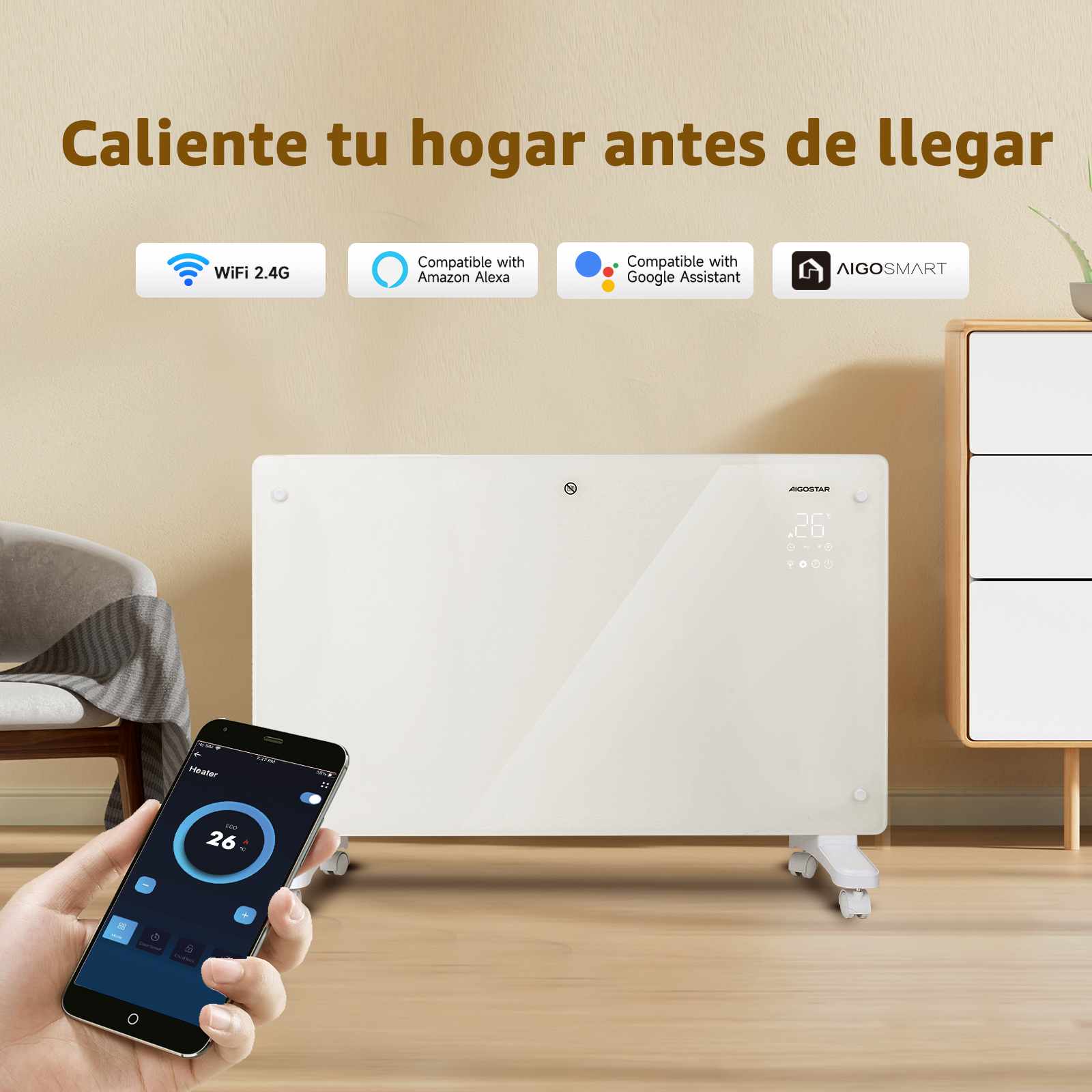 Calentador inteligente con pantalla digital, controlado por teléfono, con iconos de hogar inteligente.