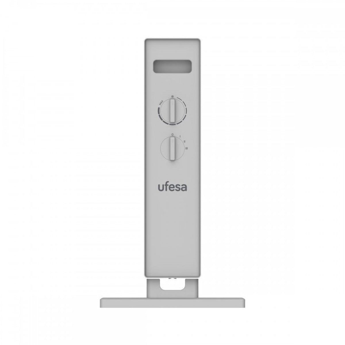 Un calefactor eléctrico gris alto con dos diales y la marca "ufesa" en la parte inferior.