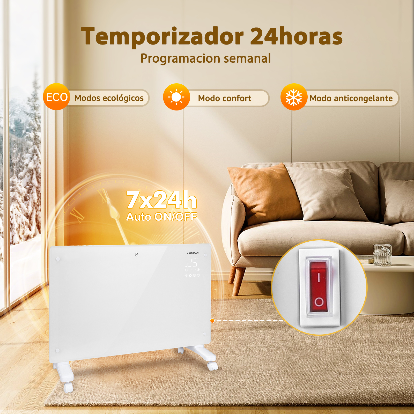Calentador eléctrico blanco con panel de control. Iconos de temporizador y modo, con un interruptor rojo.