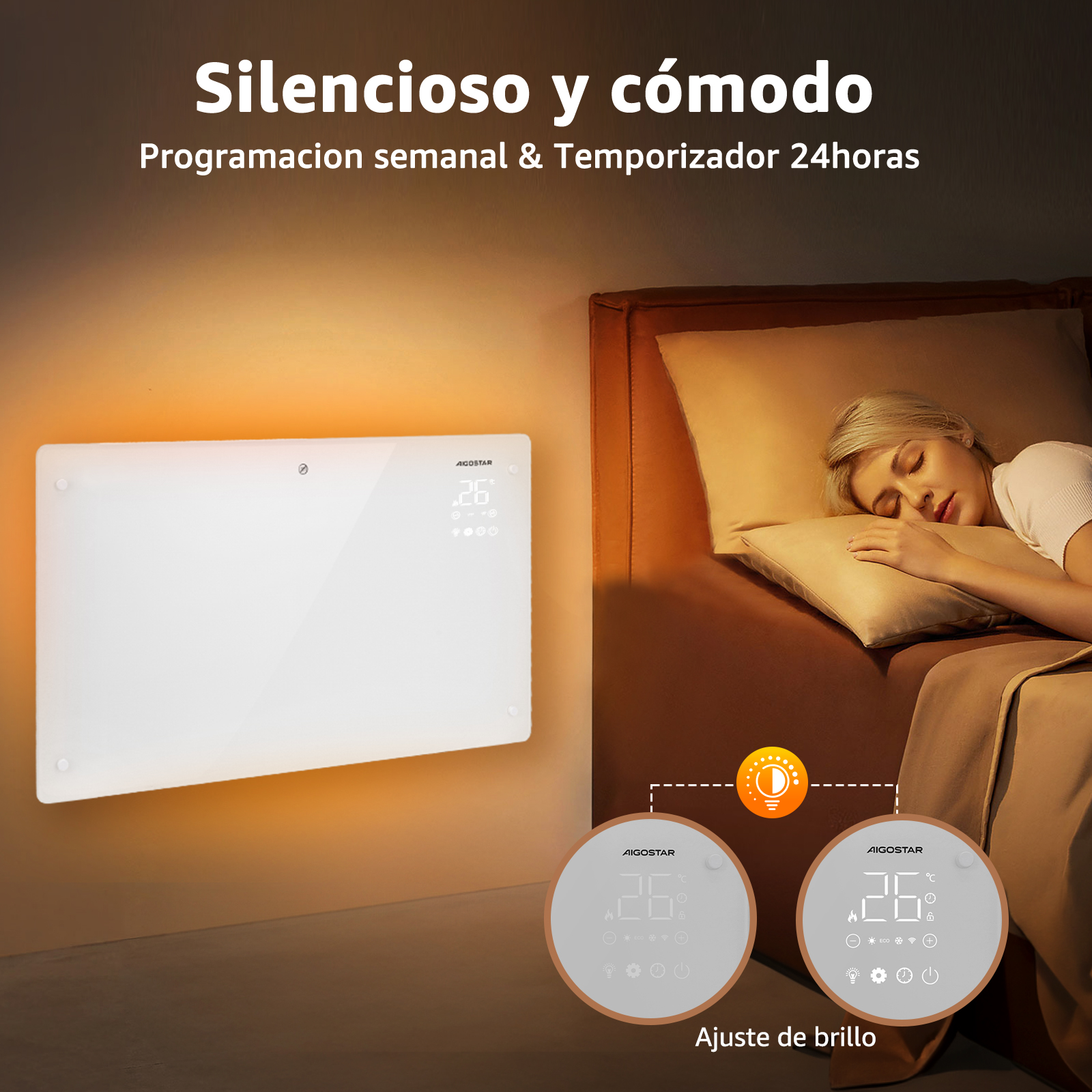 Un calefactor de pared blanco con pantalla digital y una mujer durmiendo en la cama al lado.
