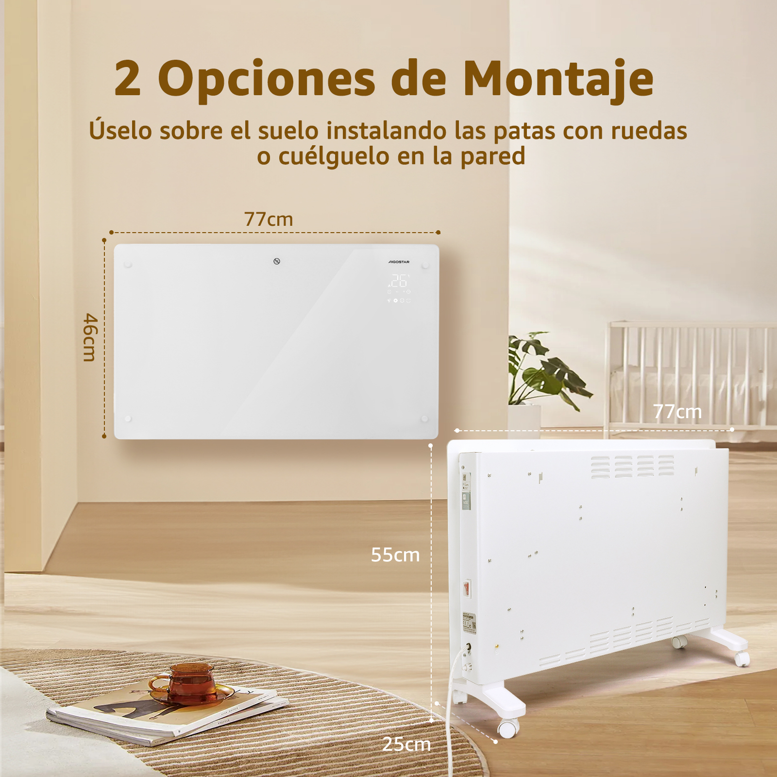 Dos calentadores eléctricos blancos, uno montado en la pared, otro con ruedas. Dimensiones y texto visibles.