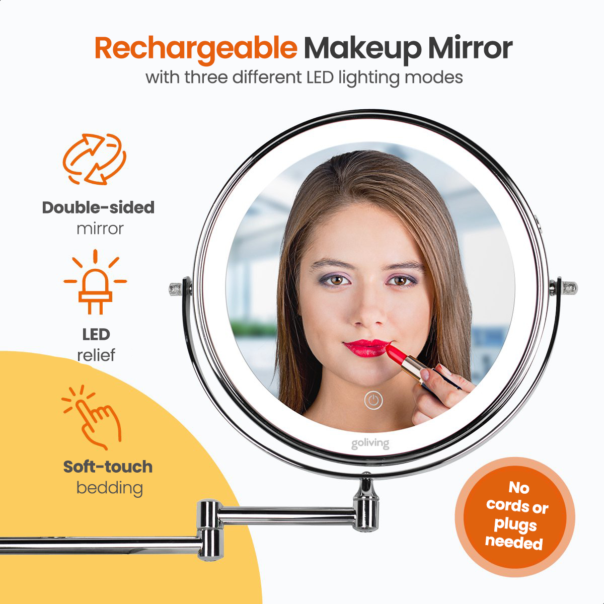 A woman is applying lipstick in a makeup mirror. The mirror is white with a round light. The background is white.