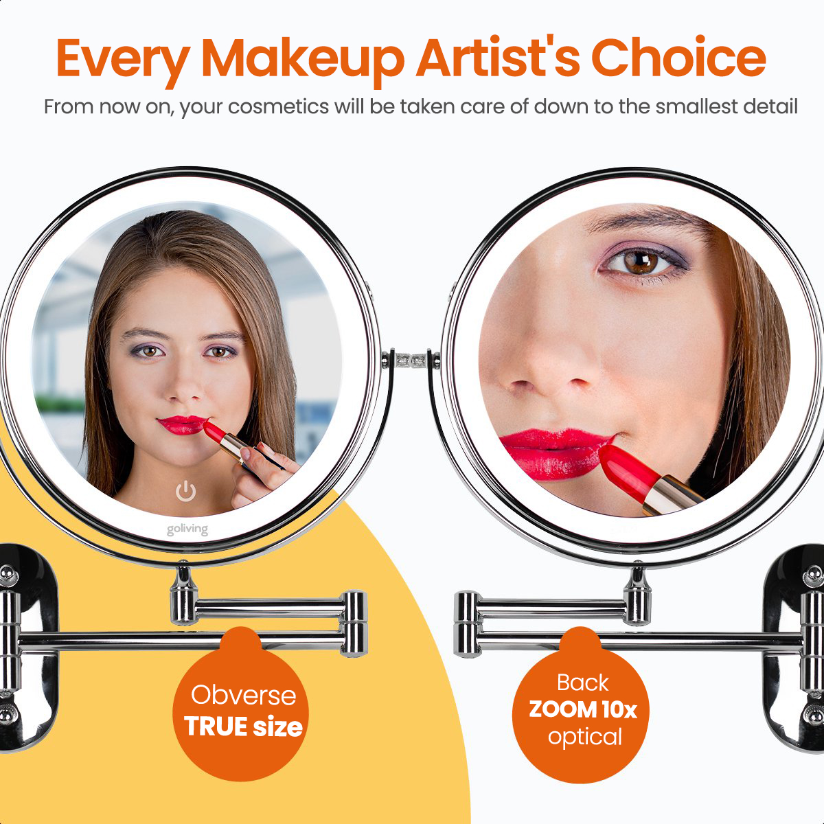 Two women applying lipstick in mirrors with lights, one with a close-up view, the other with true size.