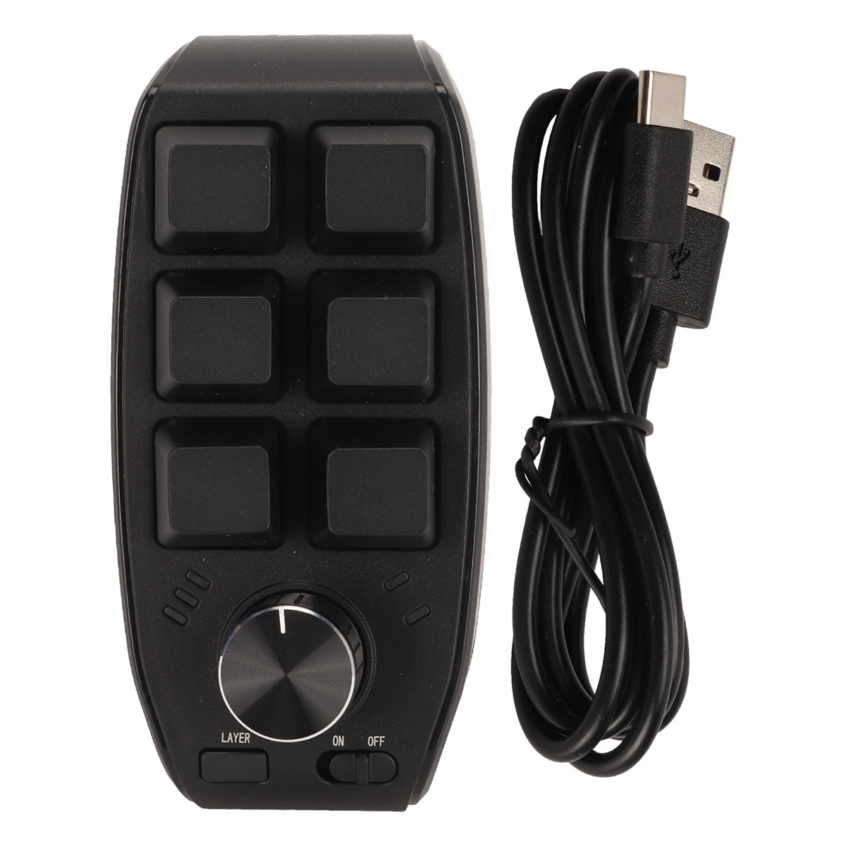 Ein schwarzes Bedienfeld mit Knöpfen und einem Drehregler, verbunden mit einem USB-Kabel. Weißer Hintergrund.