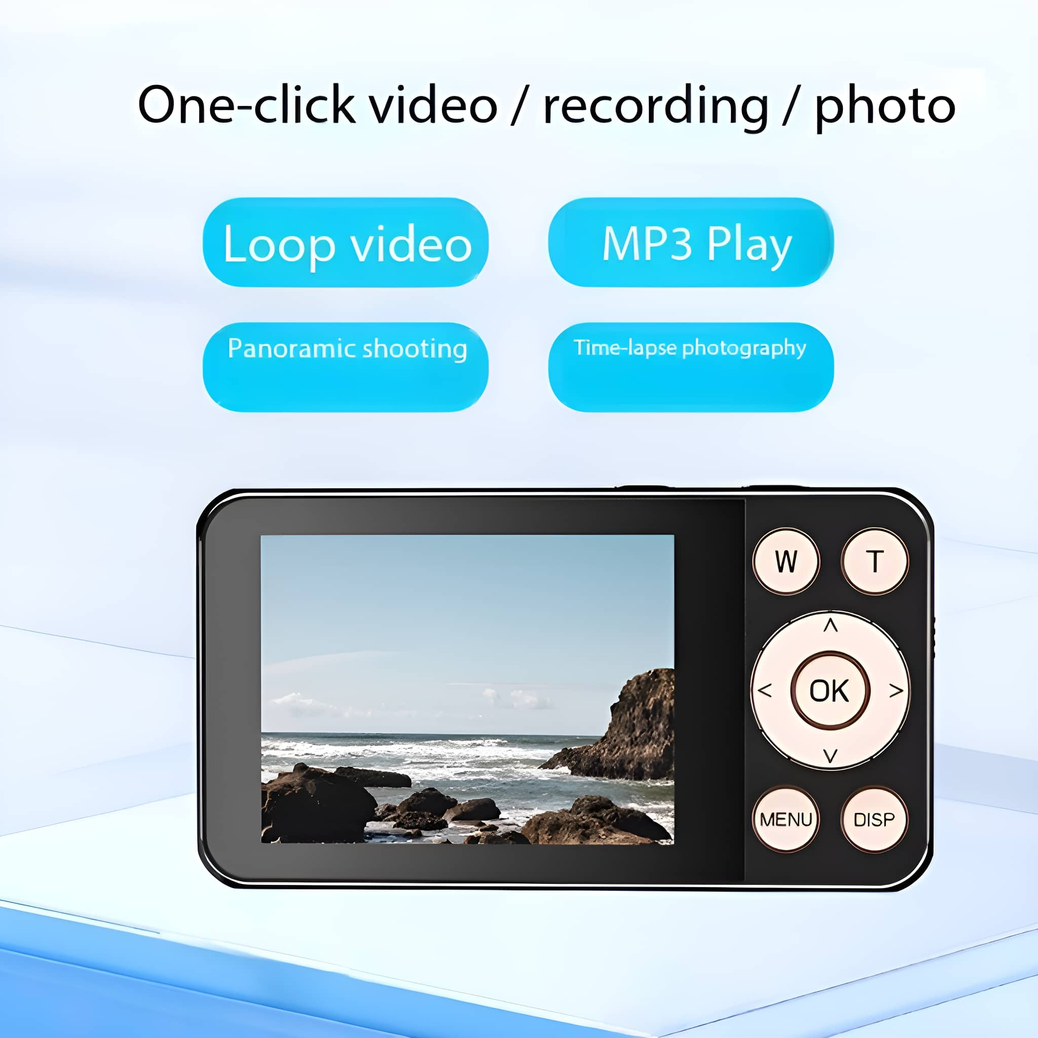 Schwarze Digitalkamera mit Küstenlandschaft. Knöpfe rechts.