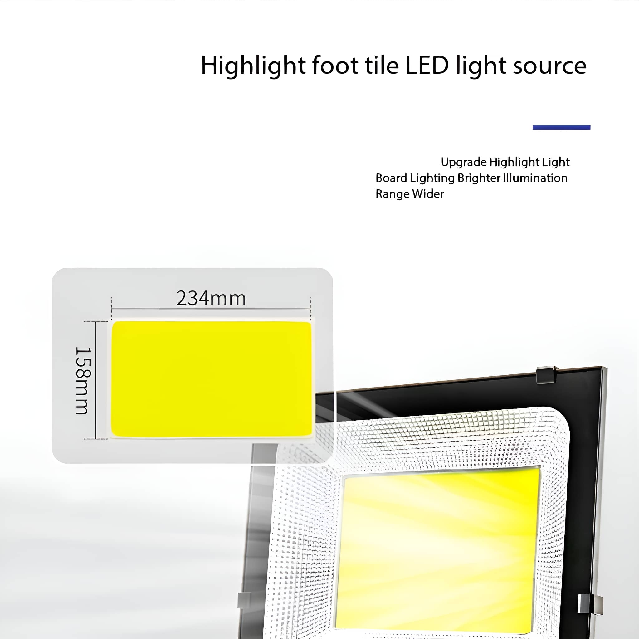 Nahaufnahme einer gelben LED-Lichtquelle. Es hat eine rechteckige Form mit Abmessungen.