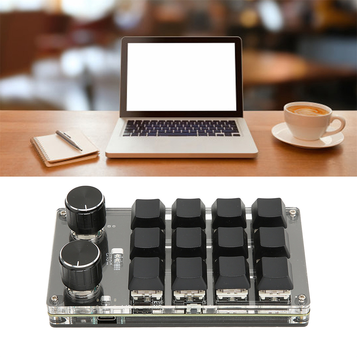 Laptop und eine kleine Tastatur mit Knöpfen.