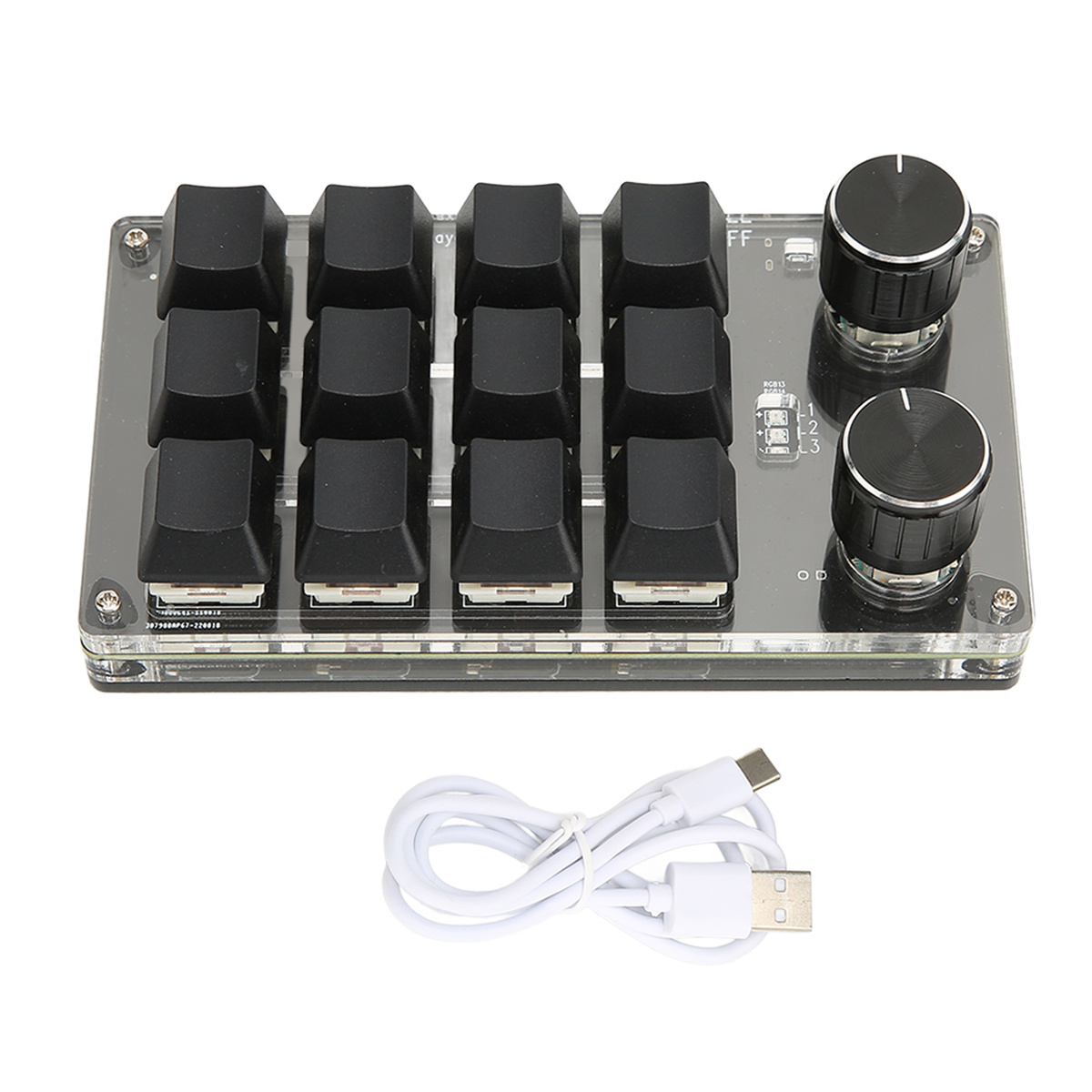 Eine kleine schwarze Tastatur mit 12 Tasten und zwei Knöpfen, mit einem weißen Kabel, auf weißem Hintergrund.
